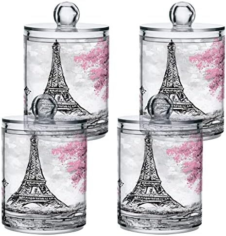 Nander 4Pack Qtip Jogosultja Adagoló-Rózsaszín Párizsi Torony Átlátszó Műanyag Patikus Üvegek Set - Mosdó Fürdőszoba Smink