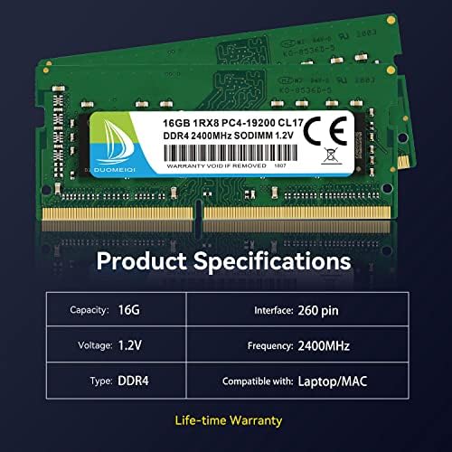 DUOMEIQI 16GB 1rx8 DDR4 2400 MHz SODIMM RAM PC4-19200 (PC4-2400T) CL17 1.2 V 260-Pin Non-ECC Laptop RAM Memória Modul