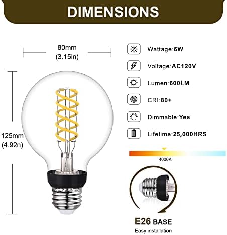 YIMILITE G80(G25) Edison LED Izzók 60 Watt Egyenértékű, CRI 80+, Nagy Fényerő, Meleg Fehér 4000K Tiszta Üveg, Szabályozható