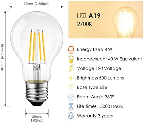LVWIT 19 Vintage Edison LED Izzószálas Villanykörte E26 Bázis, 4W (40W Egyenértékű), Meleg Fehér, 2700K, 500 Lumen, Nem Szabályozható,