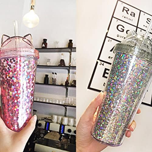 AEIOFU Víz, Üveg, Műanyag pohár Szívószál, Flitterekkel kétrétegű Üveg Vizet a Macska Fülét Csillogó Víz Kupa Lányoknak Rózsaszín