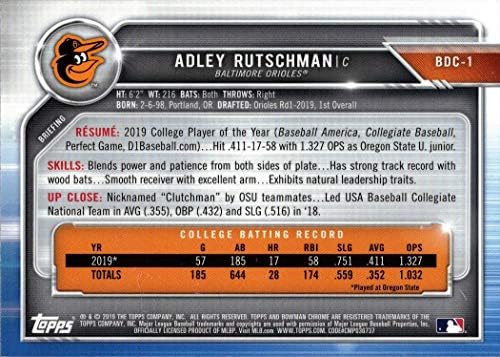 2019 Bowman Chrome-Tervezet Választás a Baseball BDC-1 Adley Rutschman Előre Újonc Kártya - 1. Bowman Chrome Kártya