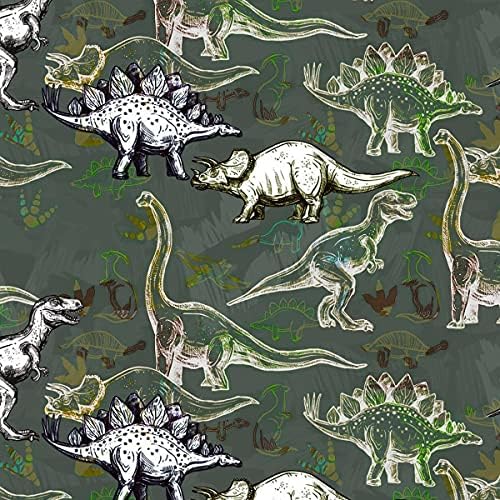 A dinoszauruszok a Víz Színek Design Pamut Foltvarrás Szövet, A gyár által (Szürke, Fehér, Zöld, Páfrány)