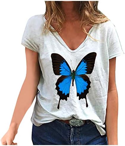 Nyári póló Női Grafikus Pillangó Nyomtatás Póló, Divat V Nyakú Rövid Ujjú Felsők Plus Size Alkalmi Blúz