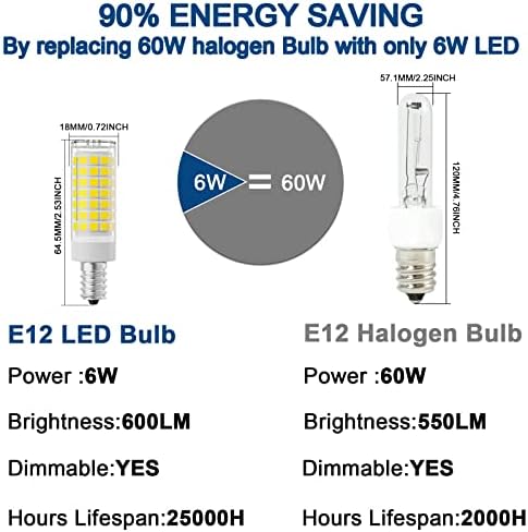 E12 Gyertyatartót LED Izzók 60W Egyenértékű, 6000K Nappal Fehér, Szabályozható LED Csillár Izzó, 6W, 630Lumens Mennyezeti